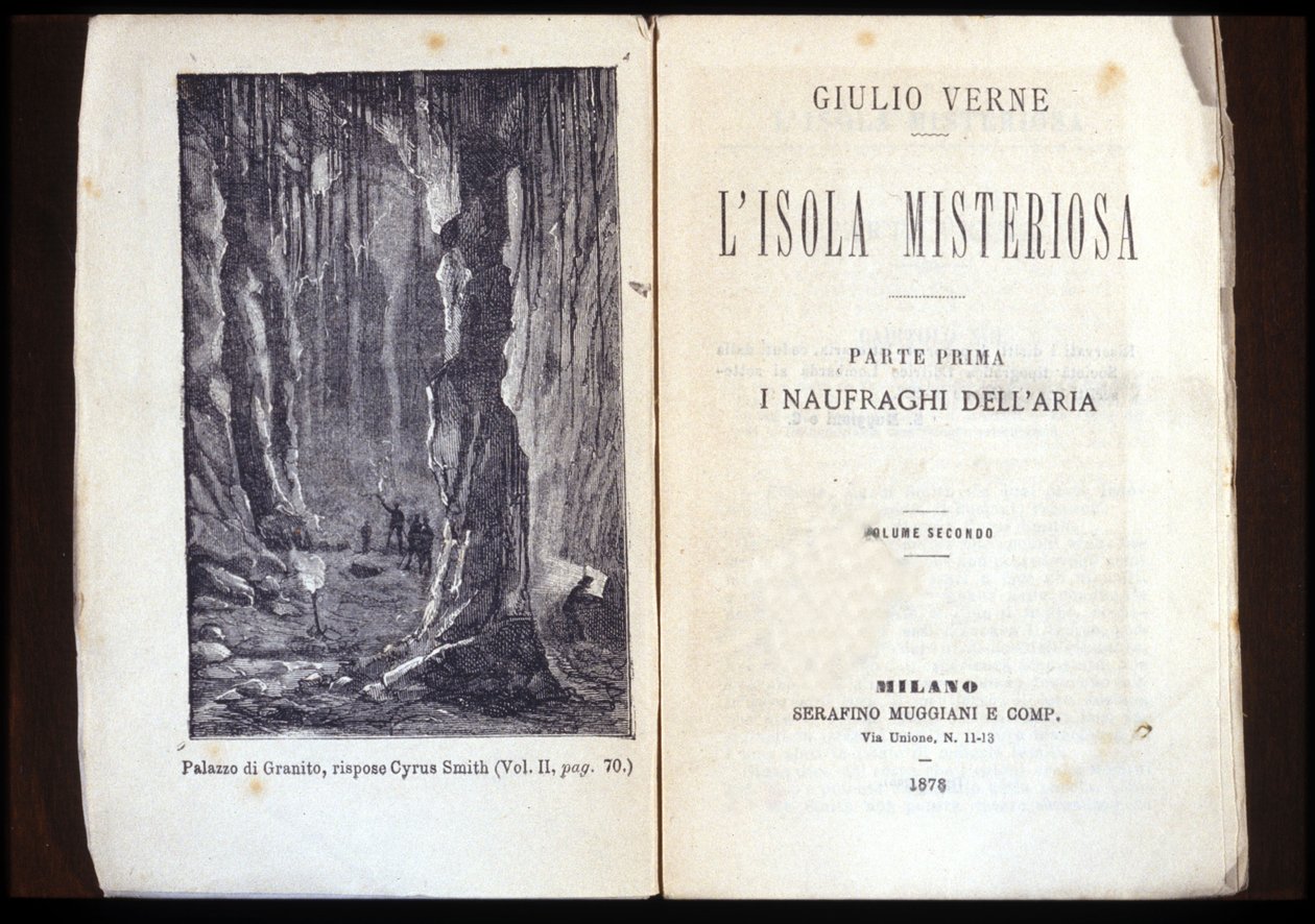 儒勒·凡尔纳 (Jules Verne) 意大利版《神秘岛》的页面。 1878. 米兰。 作者 未知艺术家