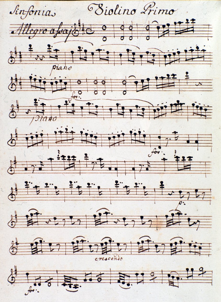 Symphony n. 第一小提琴的乐谱页面。 4 in D，莫扎特 (1765) 作者 未知艺术家