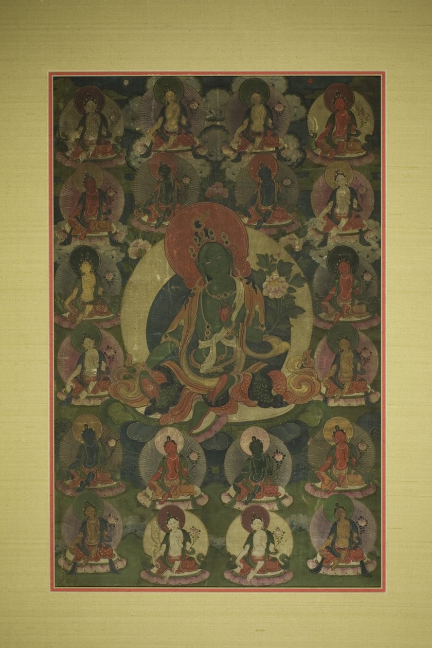 绿度母彩绘旗帜（唐卡），周围围绕着二十种化身 作者 未知艺术家