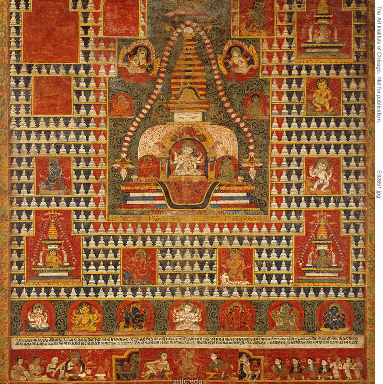 乌什尼沙维加亚女神的彩绘旗帜（paubha），位于葬冢（chaitya）内，周围环绕着 Chaityas 作者 未知艺术家