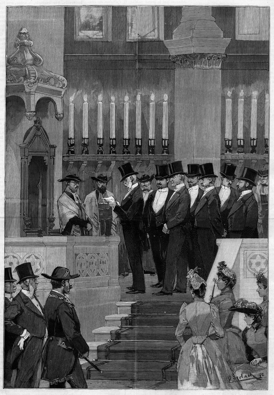 1890年，巴黎。扎多克-卡恩（Zadoc-Kahn）（1839-1905）法国大拉比的就职典礼。阿尔方斯-德-罗斯柴尔德先生（1827 -1905）宣读提名令。 作者 未知艺术家