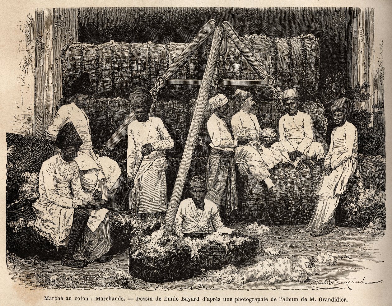 孟买棉花市场上的帕西族经销商和商人。阿尔弗雷德-格兰迪耶于1862-1864年在印度经线省份的航行的插图，发表在1869年的 "世界之旅 "中，由爱德华-沙尔东编辑，Hachette出版社，Par 作者 未知艺术家