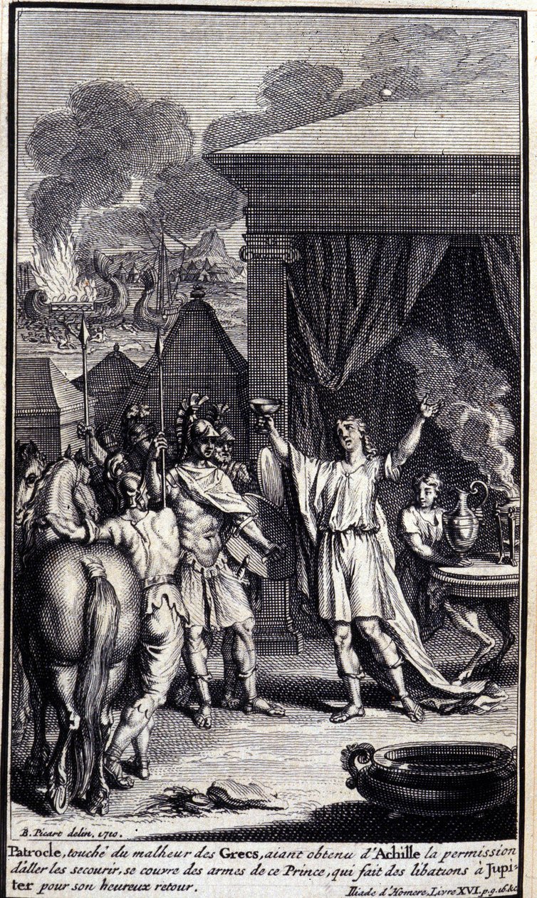 Patroclus, touches the misfortune of the Greeks, having obtained permission from Achilles to go and rescue them, covers himself with the weapons of this prince, who makes libations to Jupiter for his happy return. Illustration of book XVI of the Iliad of H 作者 未知艺术家