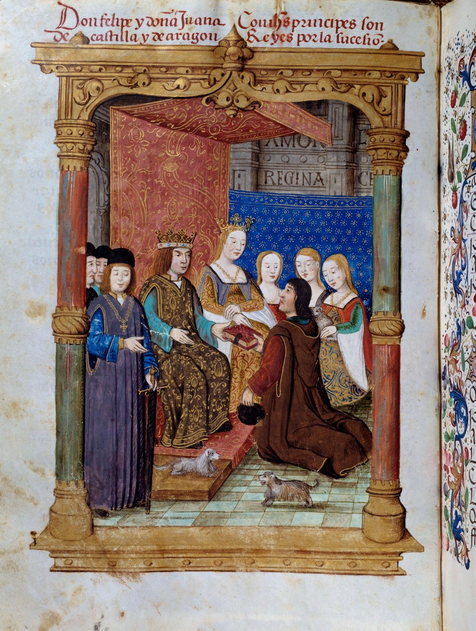 Pedro Marcuello presenting his book to King Philip I of Hasburg known as the Beautiful (1478-1506) and Queen Joan Iere the Folle of Castile (1504-1555). Miniature in “” Devocionario de la Reyna Da Juana a Quien Llamaron la Loca”” by Pedro Marcuello 作者 未知艺术家