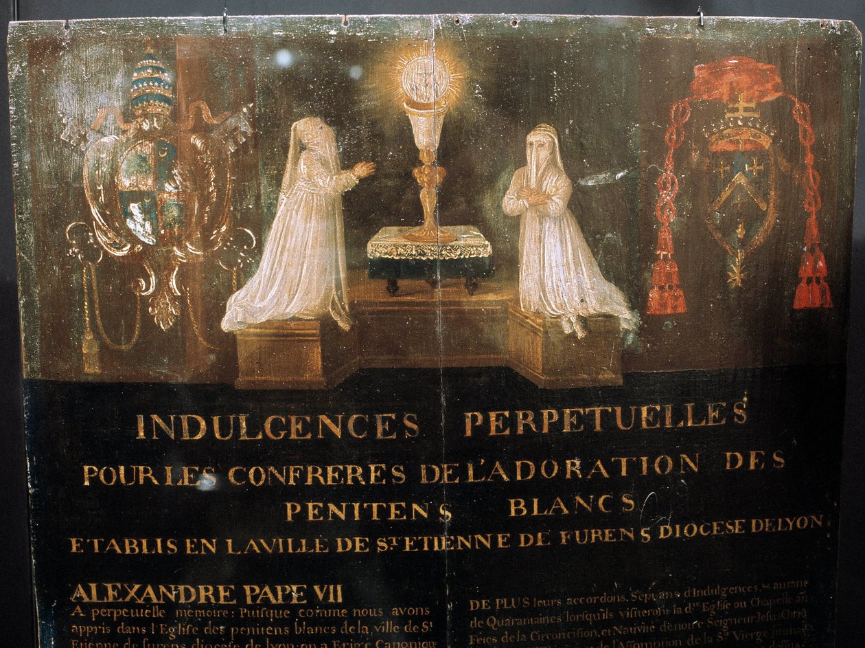 Perpetual indulgence granted by Pope Alexander VII to members of the Confrerie des Penitents Blancs of the city of Saint Stephen around 1668. Painting on wood. 作者 未知艺术家