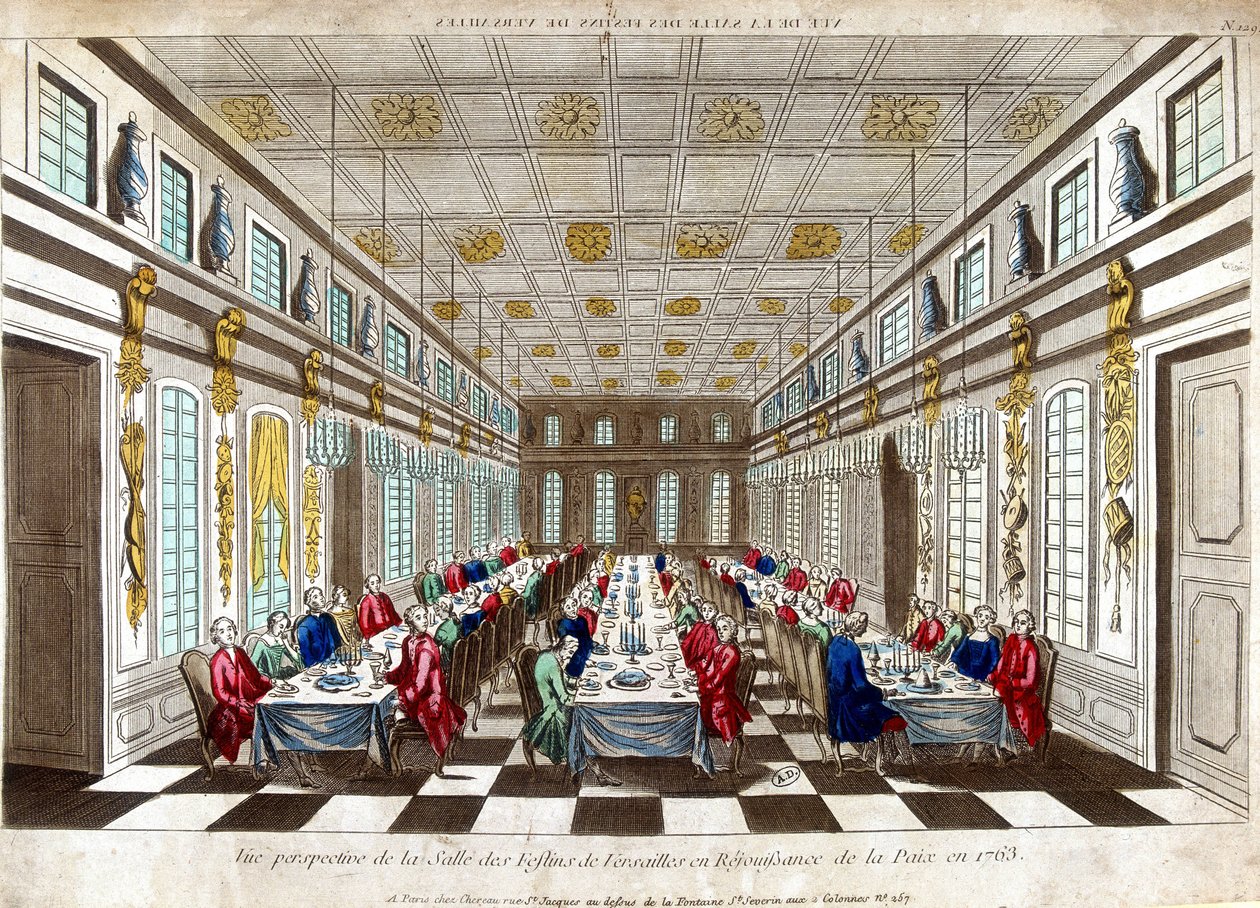 庆祝1763年英国、法国和西班牙之间和平的凡尔赛宫厅的透视图。 作者 未知艺术家