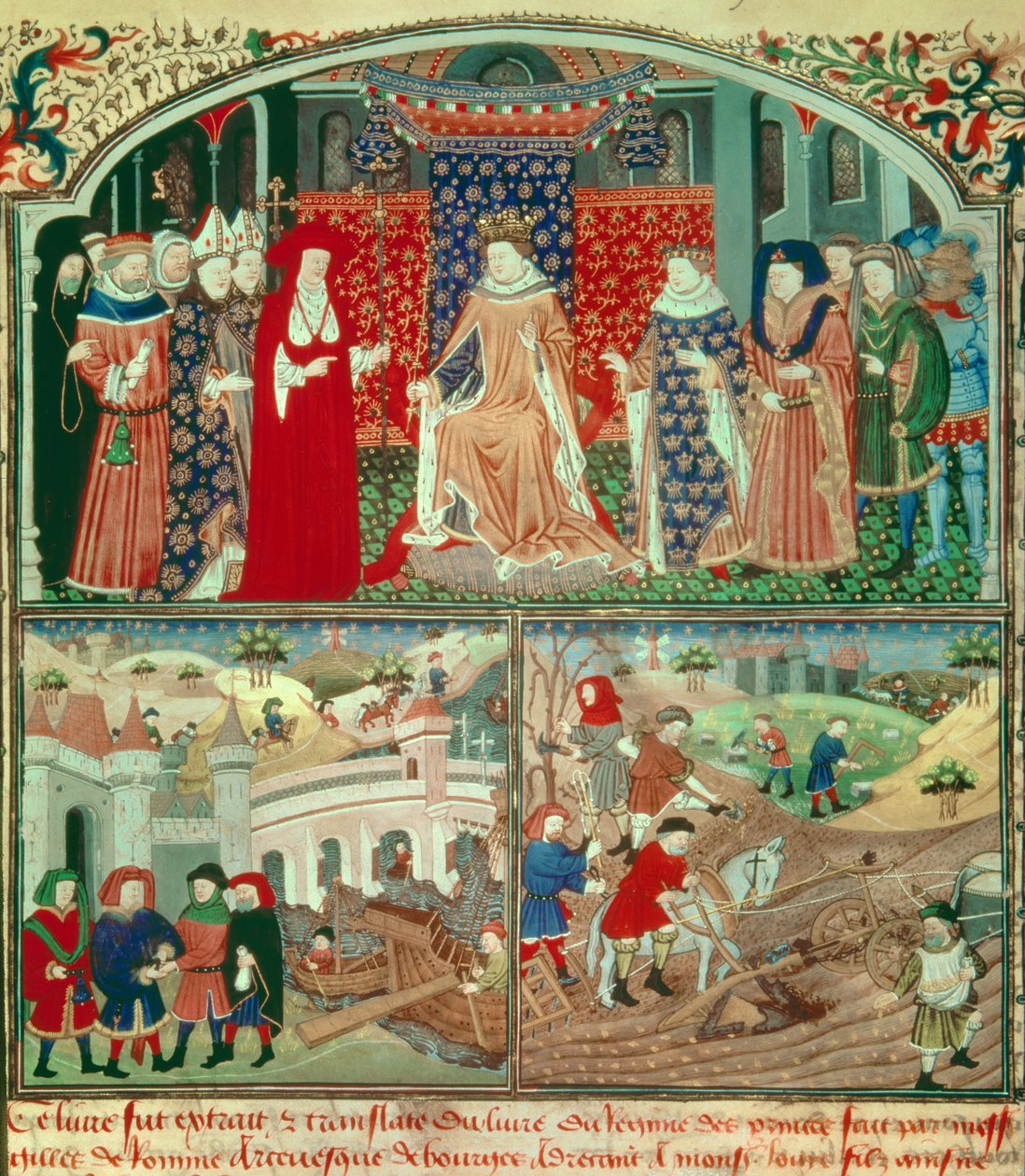 Philippe the Bel trunant (1268-1314) 有耕作场景和商人场景。 Gilles de Rome（v.1247-1316），巴黎，B N 的“Livre du régime des Princes”中的缩影 作者 未知艺术家