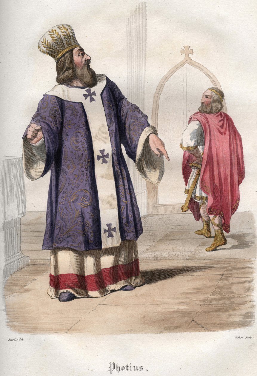 Photios一世（Photius，Fotios）（810-893），君士坦丁堡牧首，在867年迈克尔三世皇帝被谋杀后，将拜占庭皇帝马其顿人巴西尔一世（813-886）逐出教会。 作者 未知艺术家