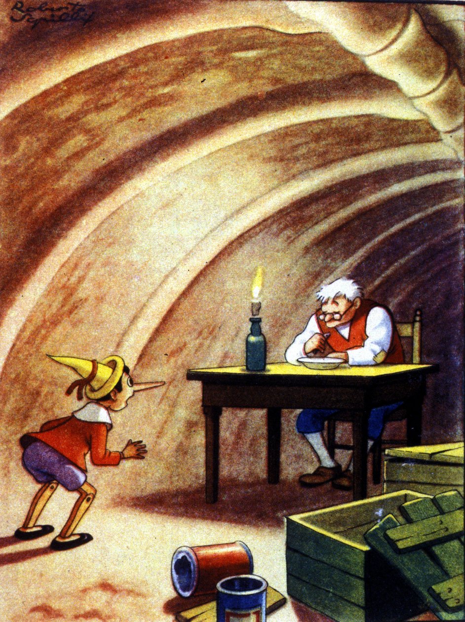 匹诺曹在一条大鱼的肚子里找到了他的父亲。 Carlo Collodi 故事的插图。 作者 未知艺术家