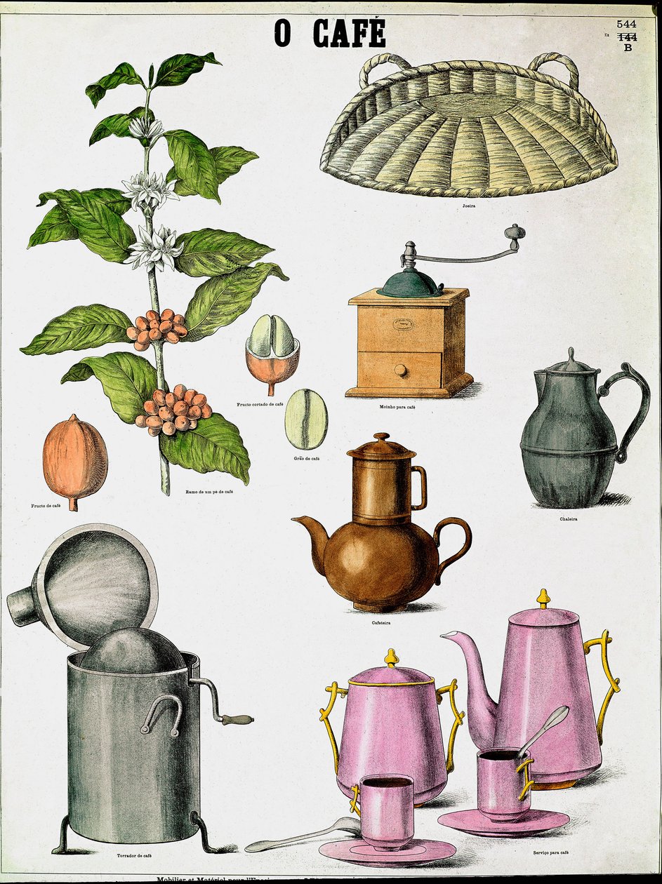 Plate illustrating the different stages of making coffee, coffee branch, mill, and different coffee makers. Engraving of the 19th century Private Collection 作者 未知艺术家