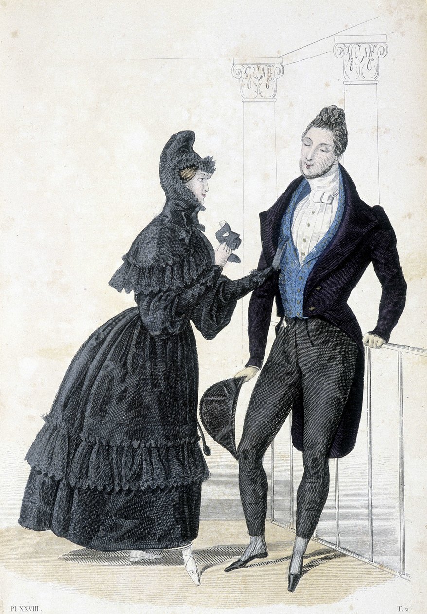 Plate illustrating the masculine and feminine fashion of the 1830s. The woman wears a dress with a hood and holds a prom mask in her hands. 作者 未知艺术家