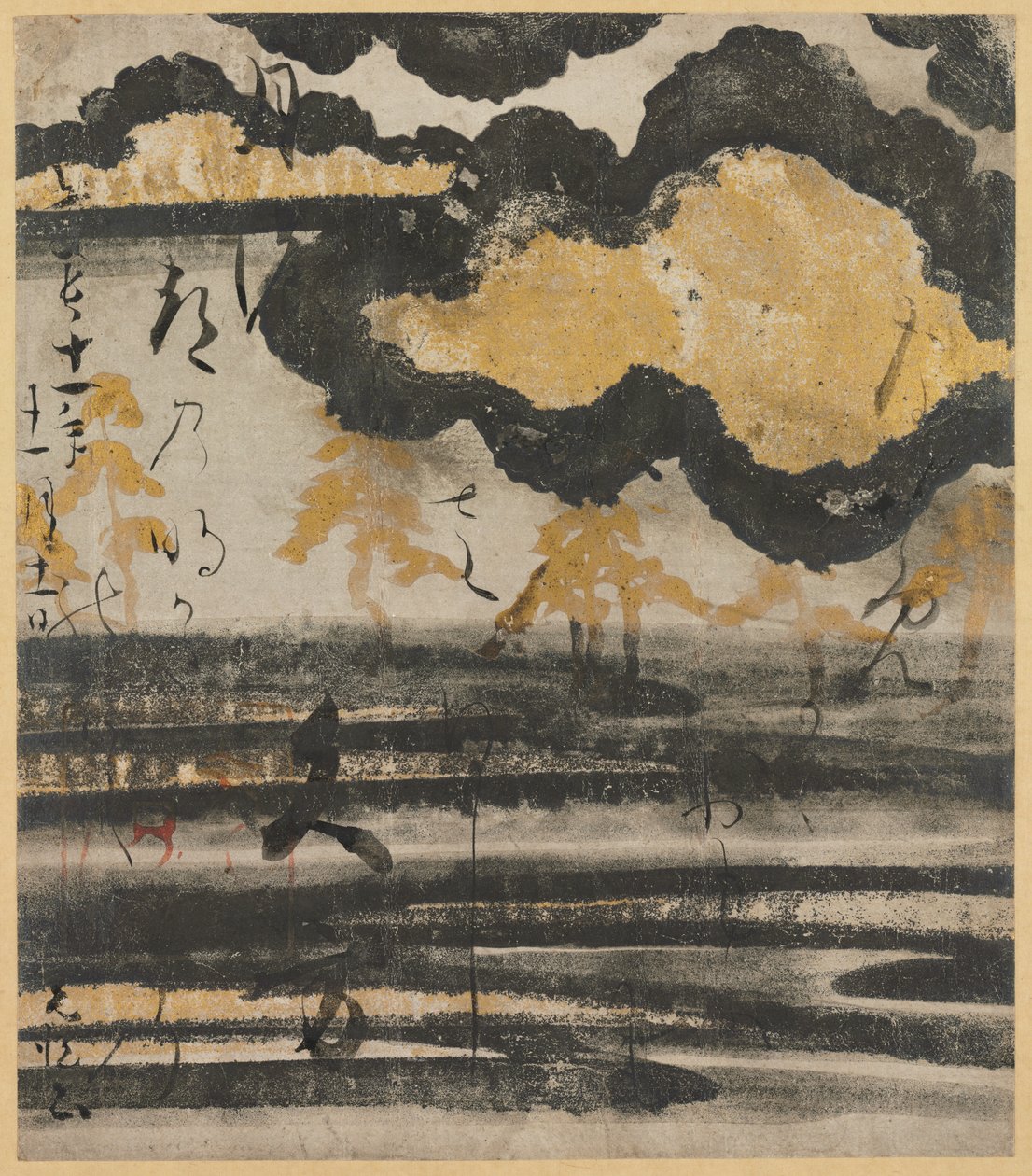 日本古今诗歌新集》中的诗歌卡片，图案为海滩上的松树 作者 未知艺术家