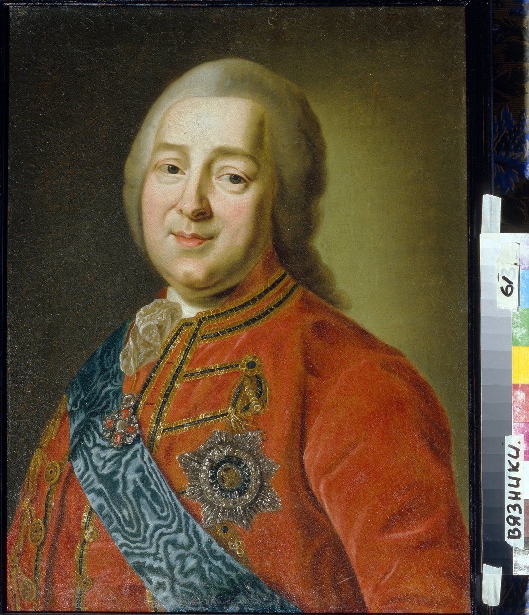 尼基塔-伊万诺维奇-帕宁将军和伯爵肖像（1718-1783 年）（尼基塔一世-帕宁将军伯爵肖像）。无名画作，布面油画，18 世纪下半叶，古典主义风格。维亚兹尼基地区艺术与历史博物馆（俄罗斯） 作者 未知艺术家