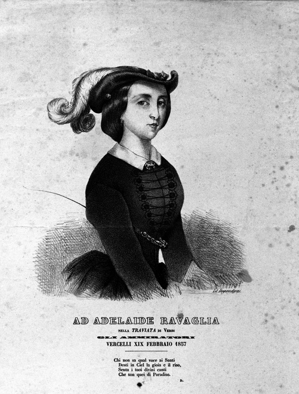 1857 年朱塞佩·威尔第 (Giuseppe Verdi) 的歌剧《茶花女》(La Traviata) 中阿德莱德·拉瓦利亚 (Adelaide Ravaglia) 的肖像。 作者 未知艺术家