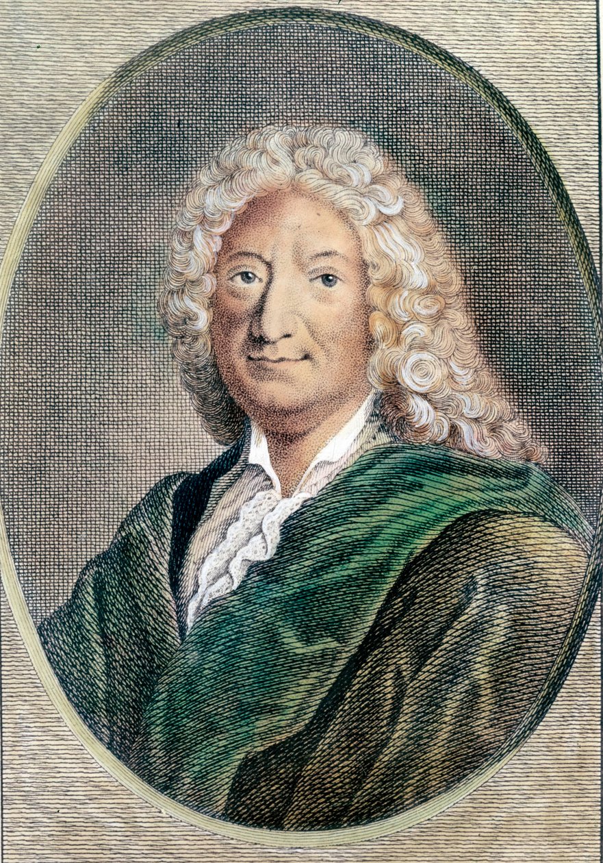 法国作家阿兰·勒内·勒萨奇 (Alain-Rene Le Sage) (1668-1747) 的肖像。 18 世纪的雕刻。 私人收藏 作者 未知艺术家
