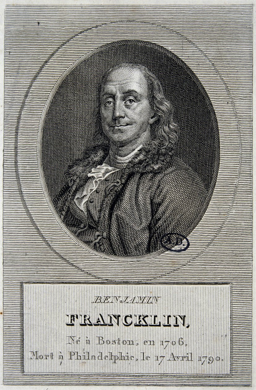 美国政治家和物理学家本杰明-富兰克林的画像（1706-1790）。 作者 未知艺术家