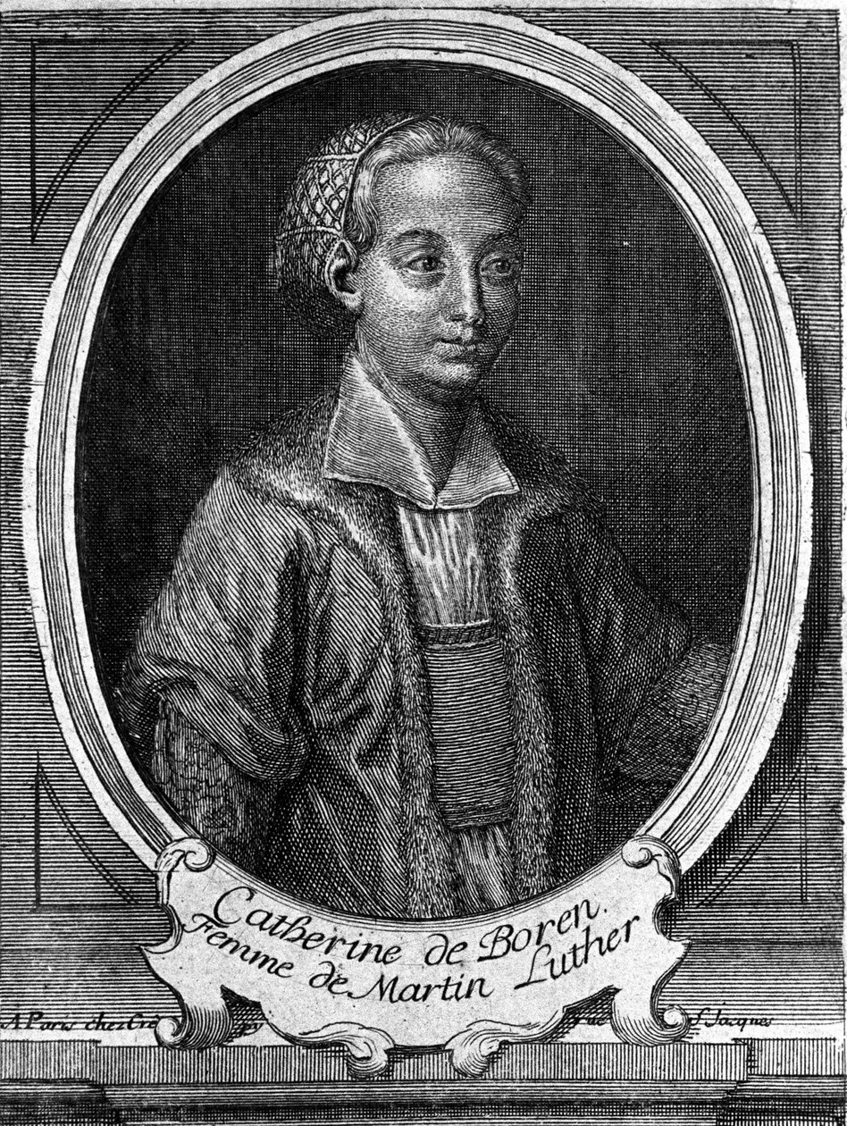 马丁·路德的妻子凯瑟琳·德·博尔 (Katherina von Bora)（1499-1552 年）的肖像。 18 世纪的雕刻。 作者 未知艺术家