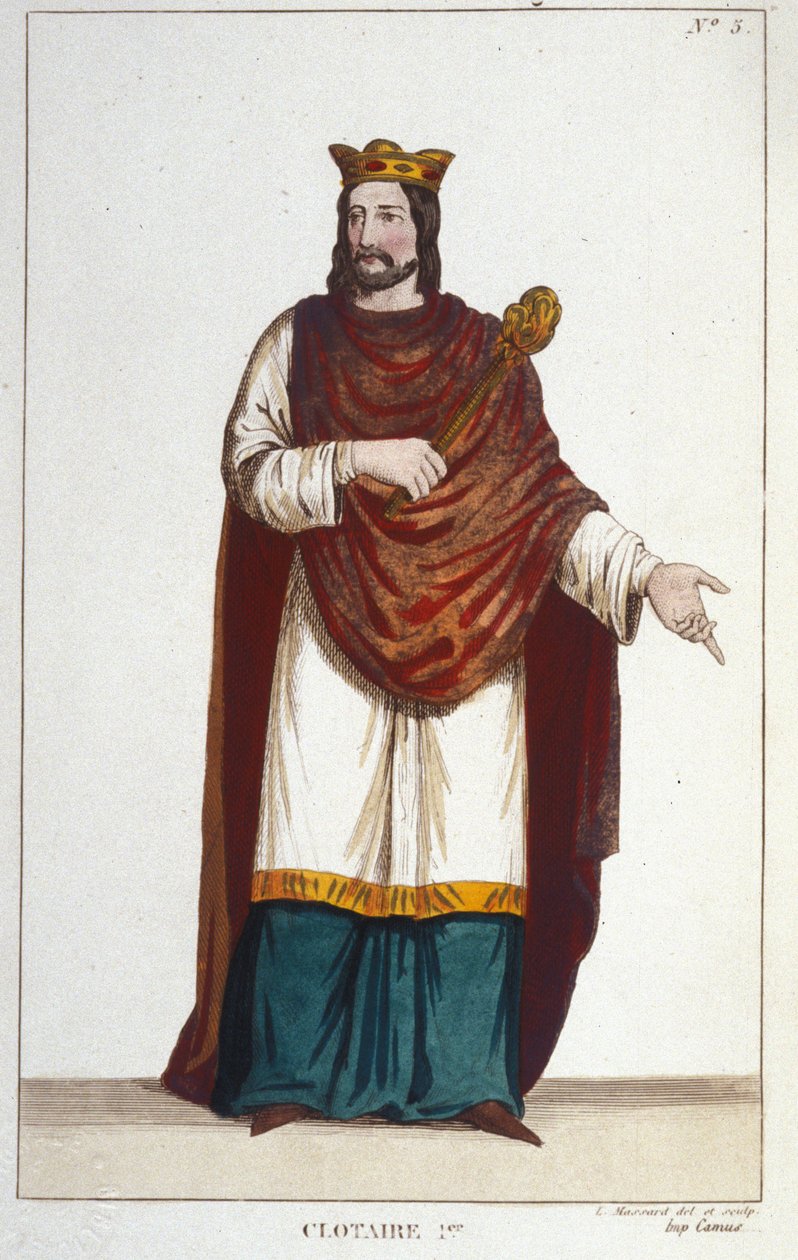 克洛泰尔（Clothaire）一世（497 - 561），纽斯特里亚国王和法兰克国王的肖像。 1830 年的雕刻 作者 未知艺术家