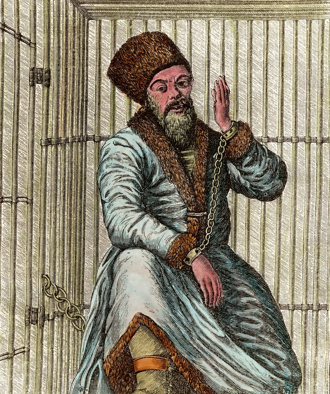 埃米利安-伊万诺维奇-普加乔夫（Yemelian or Emilian Pugachev）（1742-1775）的肖像，1773-1775年俄罗斯农民战争期间的哥萨克领袖（雅克哥萨克的雅克利），被囚禁在笼子里，向人们展示 作者 未知艺术家