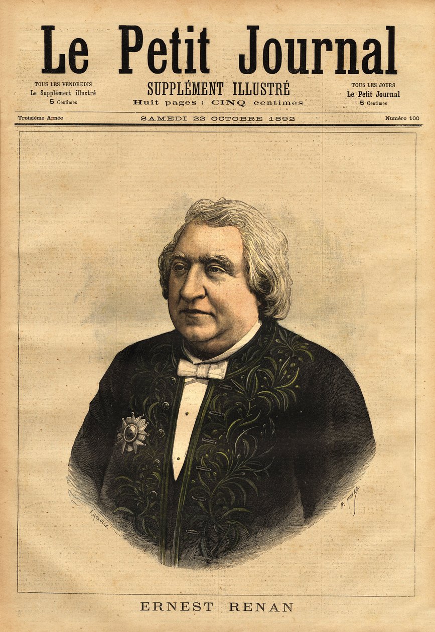 Portrait of Ernest Renan (1823-1892), writer, philologist, philosopher and historian. Popular author of “The Life of Jesus”, which contains this controversy of a biography of Jesus, redigeed as that of an ordinary man and that the Bible must be critically  作者 未知艺术家