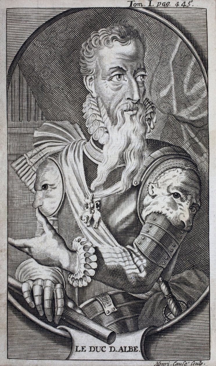 费迪南德·阿尔瓦雷·德·托莱多 (1507-1582) 第三代阿尔巴公爵、西班牙大公、韦斯卡公爵、科里亚侯爵、萨尔瓦铁拉伯爵、那不勒斯副国王（意大利）和荷兰总督（荷兰）的肖像。 雕刻以说明“t 的历史 作者 未知艺术家