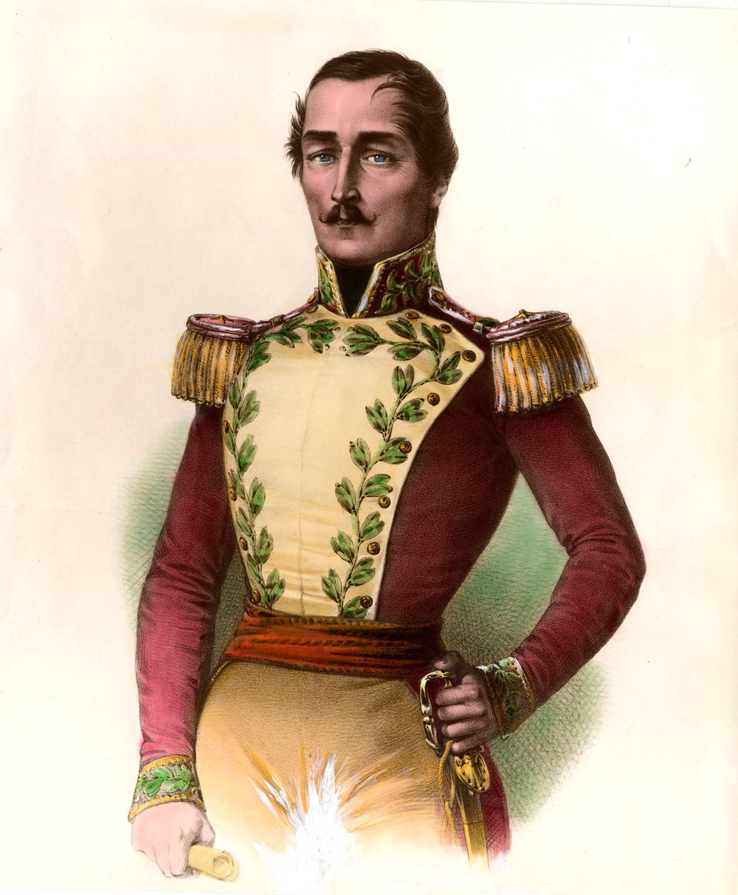 桑坦德将军 (Francisco de Paula) (1782-1840) 的肖像，哥伦比亚军人和政治家，1819 年独立的英雄。 1836 年私人收藏的雕刻 作者 未知艺术家