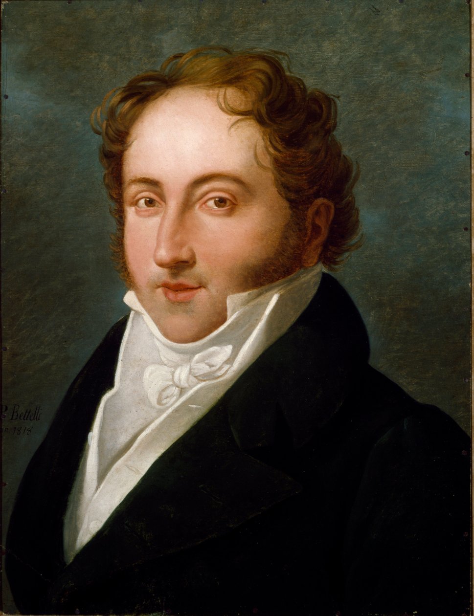 焦阿基诺（Gioacchino）罗西尼（1792-1868）的肖像，意大利作曲家无名氏绘画。 1818 年博洛尼亚，公民音乐书目博物馆 - 意大利作曲家焦阿基诺·罗西尼（1792-1868）的肖像。 匿名绘画 1818 年。 Civico Museo Bibliografi 作者 未知艺术家