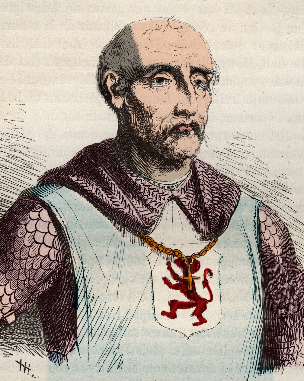Gui或Guy de Dampierre (1226-1305)佛兰德斯伯爵和纳穆尔伯爵的肖像--1868年在Theodore Juste (1818-1888)的《从原始时代到利奥波德一世统治末期的比利时历史》中的版画。私人收藏。 作者 未知艺术家