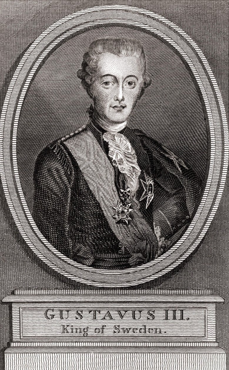 古斯塔夫三世（1746-1792）的肖像，1771年至1792年的瑞典国王，1787年的 "向昔日的士兵们征集 "的雕刻品 作者 未知艺术家