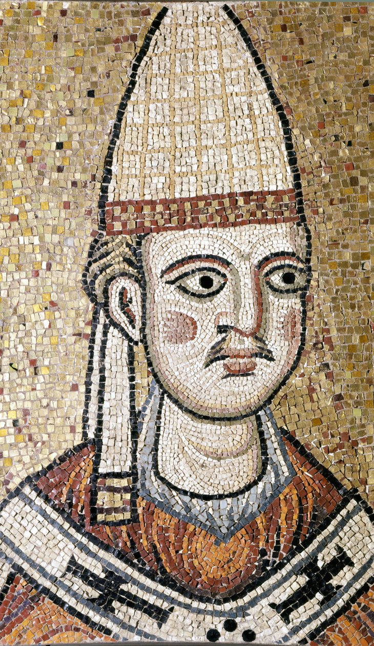 英诺森三世 (1160 - 1216) 的肖像。 马赛克保存在罗马博物馆。 他以前在旧的圣彼得教堂。 罗马博物馆。 作者 未知艺术家