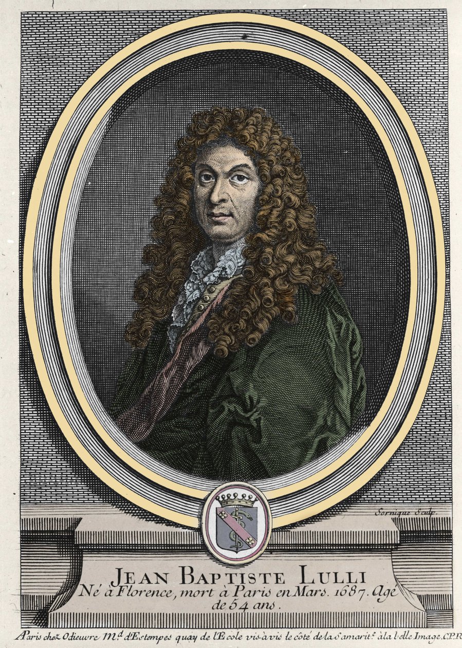 让·巴蒂斯特·卢利 (Giovanni Battista Lulli) (1632-1687) 的肖像，意大利裔法国作曲家。 19 世纪的雕刻。 作者 未知艺术家