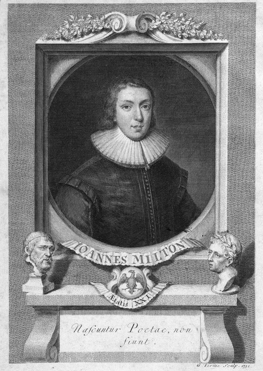 英国诗人和散文家约翰-米尔顿（1608-1674）的肖像 18世纪的雕刻品 作者 未知艺术家