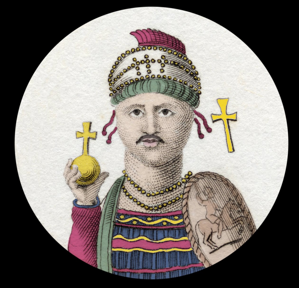 查士丁尼一世（大）（Flavius Petrus Sabbatius Justinianus）（482-565）的肖像。东方的罗马皇帝。19世纪的雕版画。 作者 未知艺术家