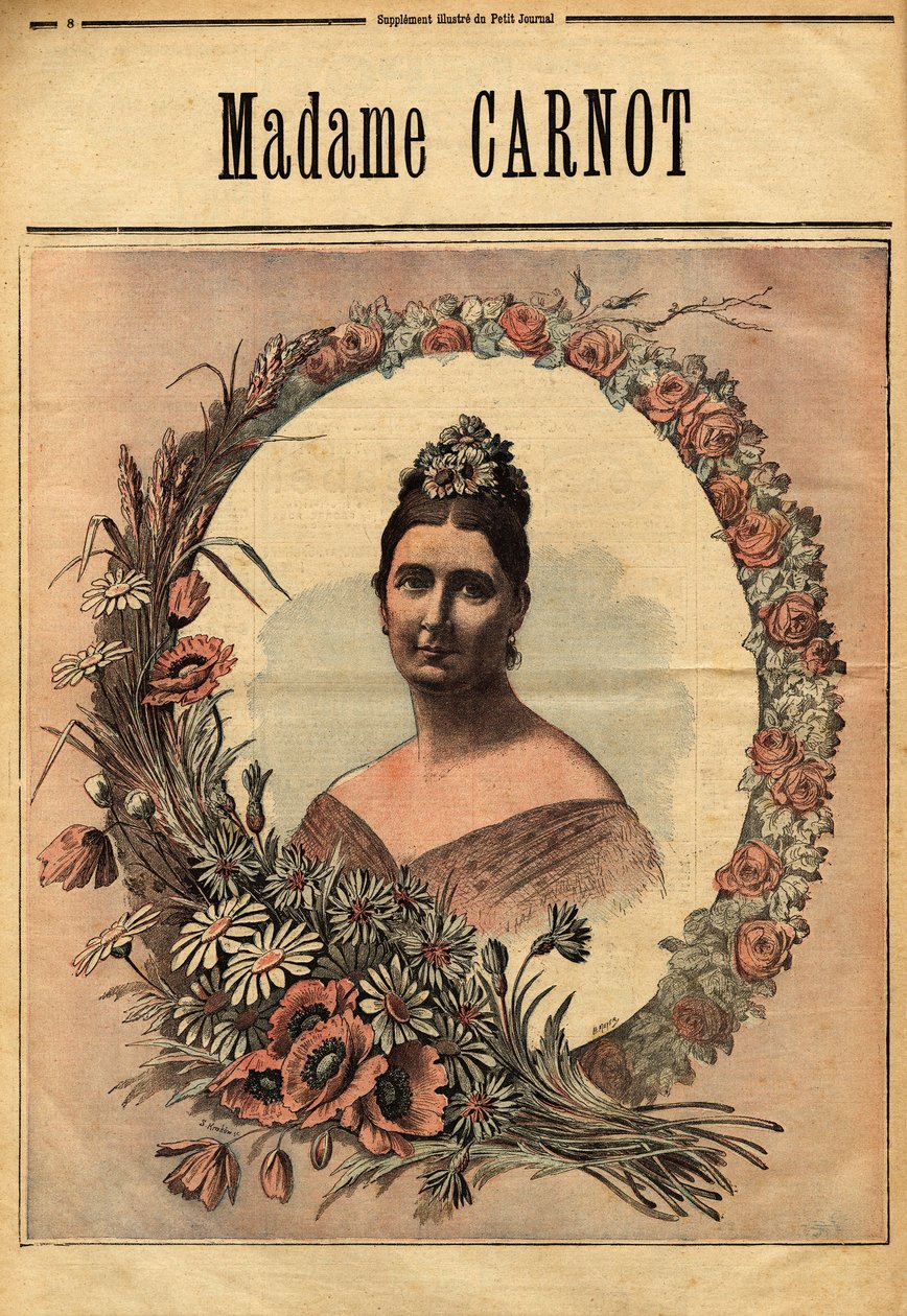 塞西尔·杜邦-怀特夫人 (1841-1898) 的肖像，1863 年与法兰西共和国总统萨迪·卡诺 (1837-1894) 结婚，1887 年至 1994 年任法兰西共和国总统。雕刻于“Le petit journal 显赫”29/11/1890。 塞尔瓦的收藏。 作者 未知艺术家