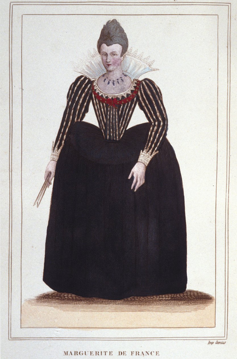瓦卢斯的玛格丽特，又称玛格特女王（1553-1615），纳瓦拉女王，亨利四世的第一任妻子，1830年的雕刻作品。 作者 未知艺术家