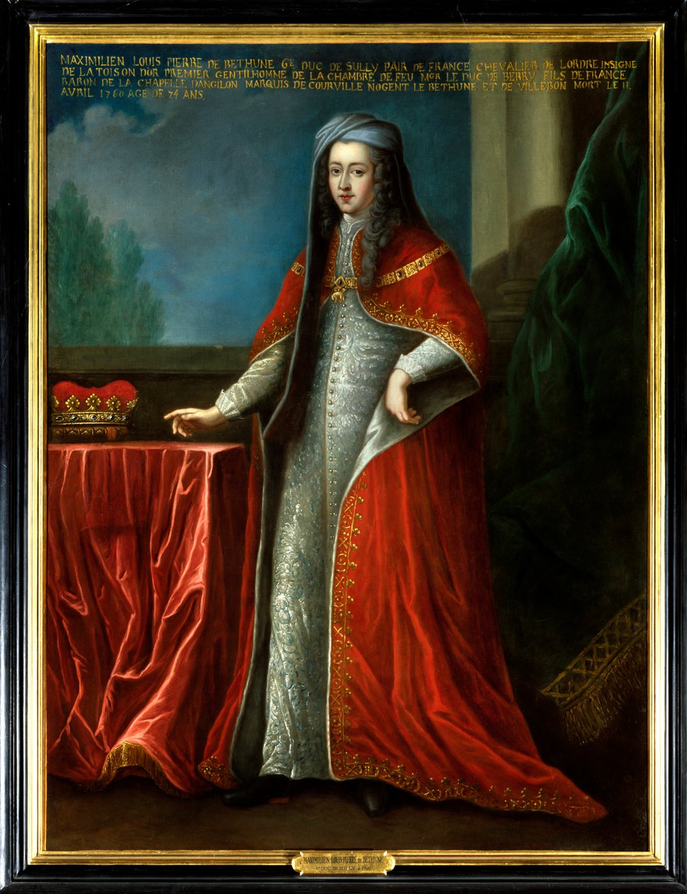 马克西米利安-路易斯-皮埃尔-白图恩（1686-1760）的肖像，第六任苏利公爵。他戴着金羊毛勋章的项链。18世纪的匿名画。布面油画。必须提及。卢瓦尔河畔的苏利，苏利城堡--卢的画像 作者 未知艺术家
