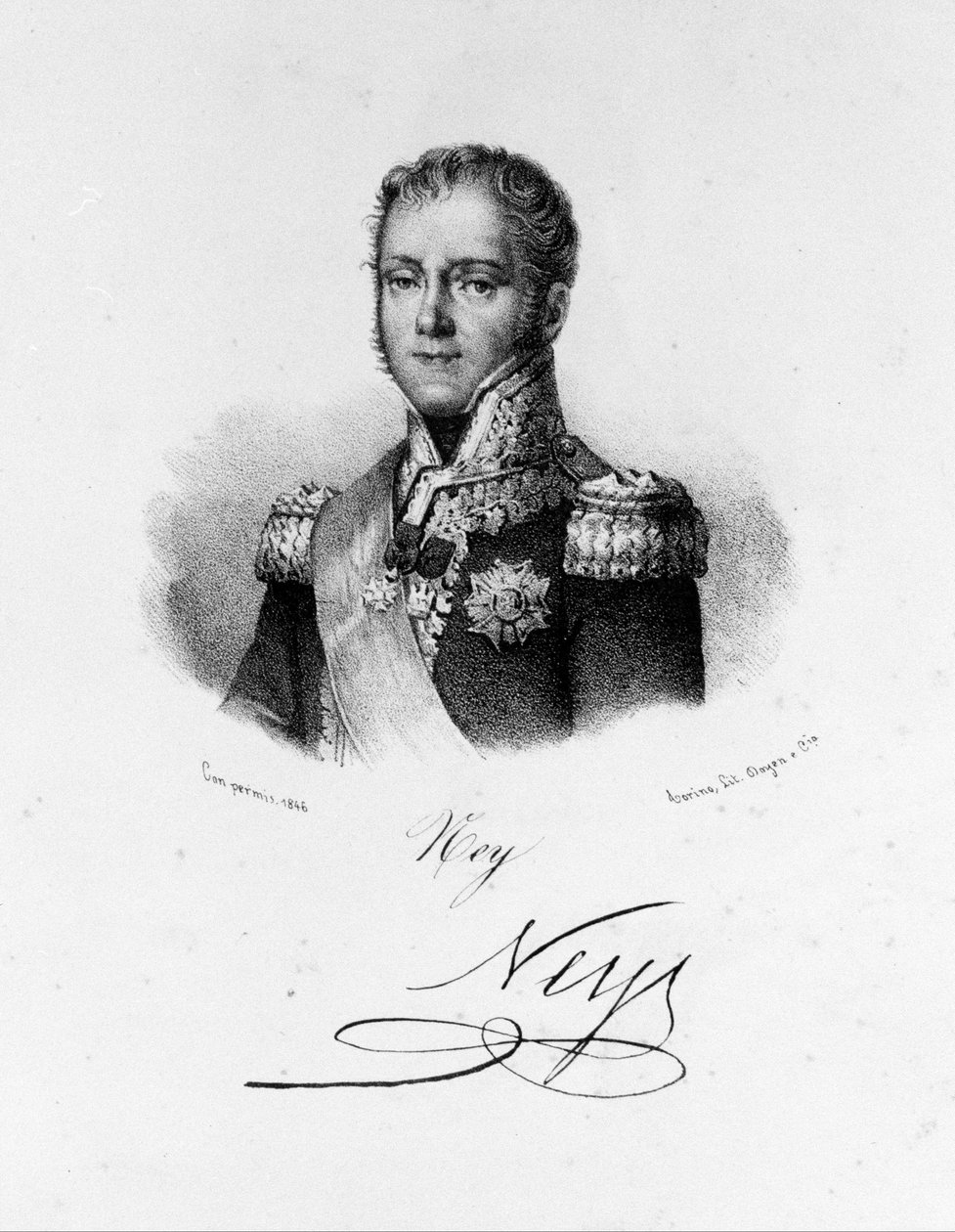 米歇尔·内伊 (Michel Ney) 的肖像，埃尔欣根公爵，莫斯科王子 (1769 - 1815)，法国元帅。 19 世纪的雕刻。 作者 未知艺术家