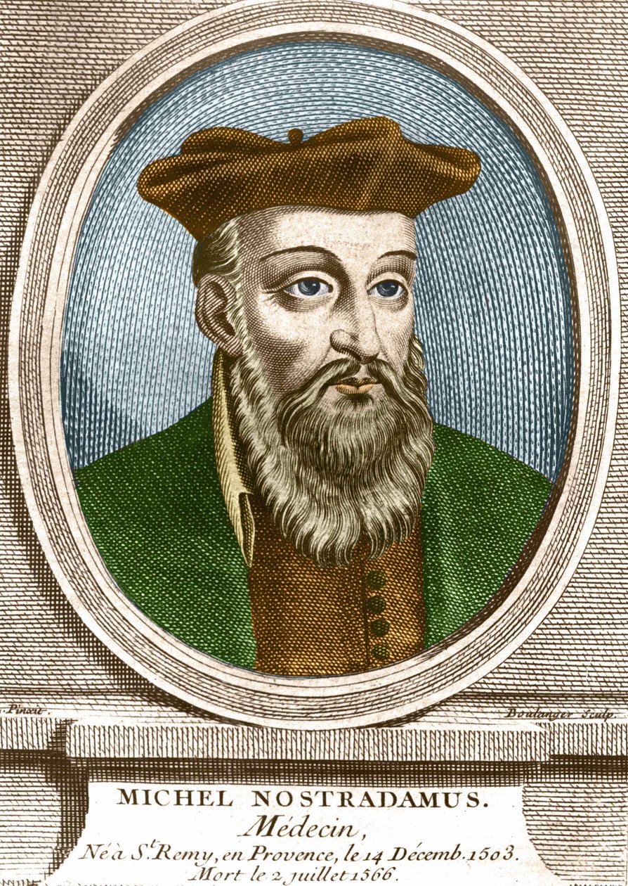 米歇尔-诺斯特拉达穆斯的肖像，医生，1503年12月14日生于圣雷米-德普罗旺斯，1566年7月2日去世。19世纪的雕版画。 作者 未知艺术家