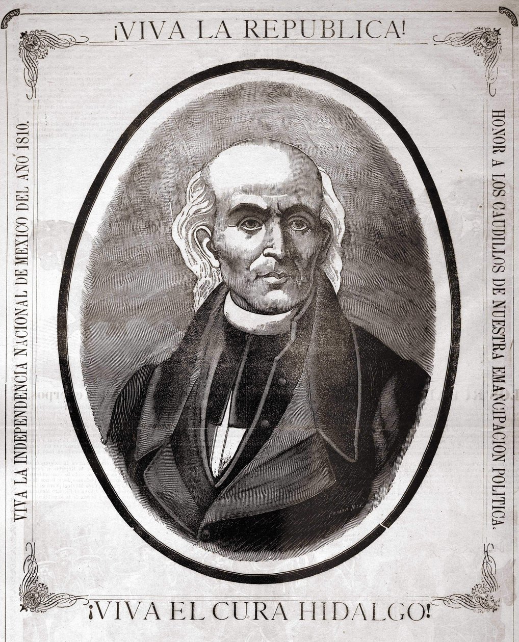 米格尔-伊达尔戈-科斯蒂利亚（1753 - 1811）的肖像，墨西哥牧师（1810年他宣布了国家的独立）。19世纪末为纪念他而制作的雕刻。 作者 未知艺术家