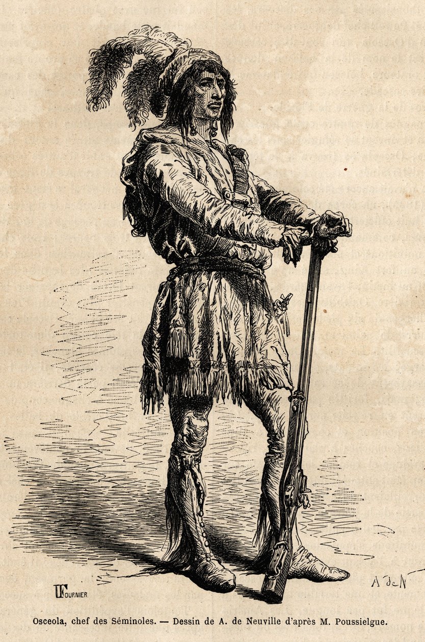 Portrait of Osceola (1804-1838), leader of seminoles, at the head of the Indian resistance against the United States during the Florida War (1835-1842). Engraving to illustrate the story four months in Florida, by Achille Pousselgue in 1851-1852, published 作者 未知艺术家