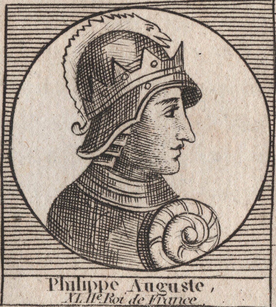 腓力二世（Philip II dit Philippe Auguste）（1165-1223）--法国国王腓力-奥古斯都二世（1165-1223）的肖像--雕刻自Charles Constant Le Tellier 1821年的《法国历史教学》。 作者 未知艺术家