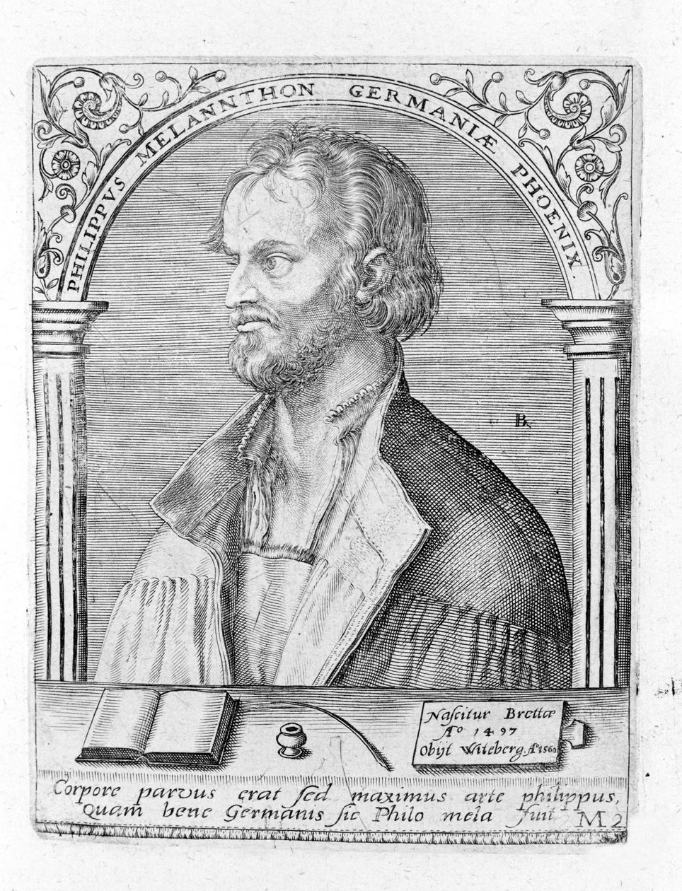 菲利普·梅兰希通 (Melanchthon) (1497 - 1560)，德国宗教改革家的肖像。 雕刻。 作者 未知艺术家