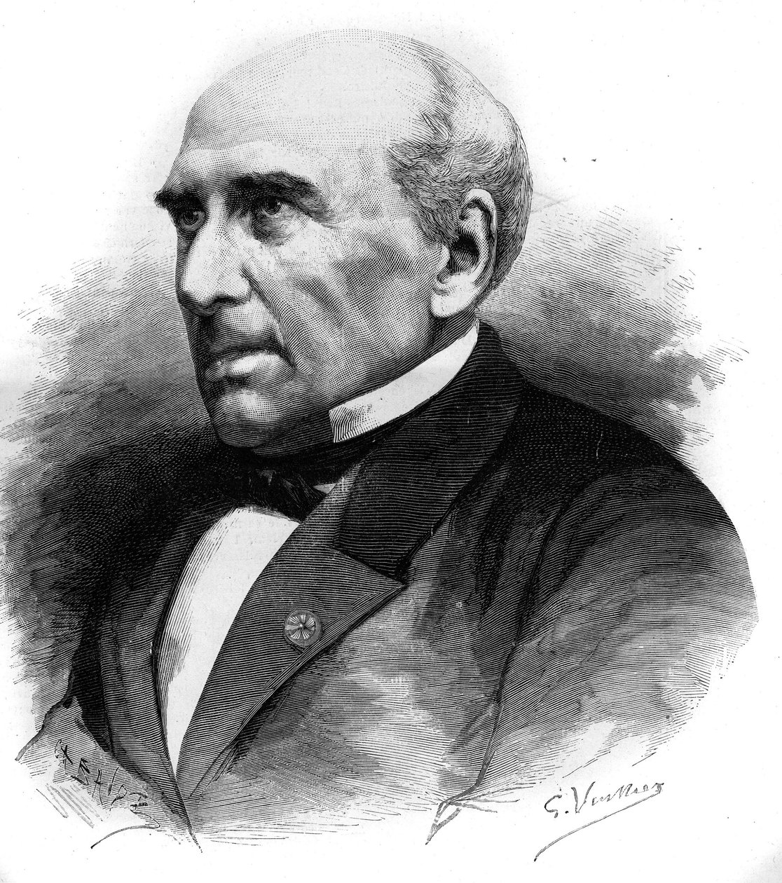 皮埃尔-纪尧姆-弗雷德里克-勒普莱（Pierre-Guillaume-Frederic）（1806-1882）的肖像，法国工程师和社会学家。雕刻于1882年4月8日《世界画报》第1306期。 作者 未知艺术家