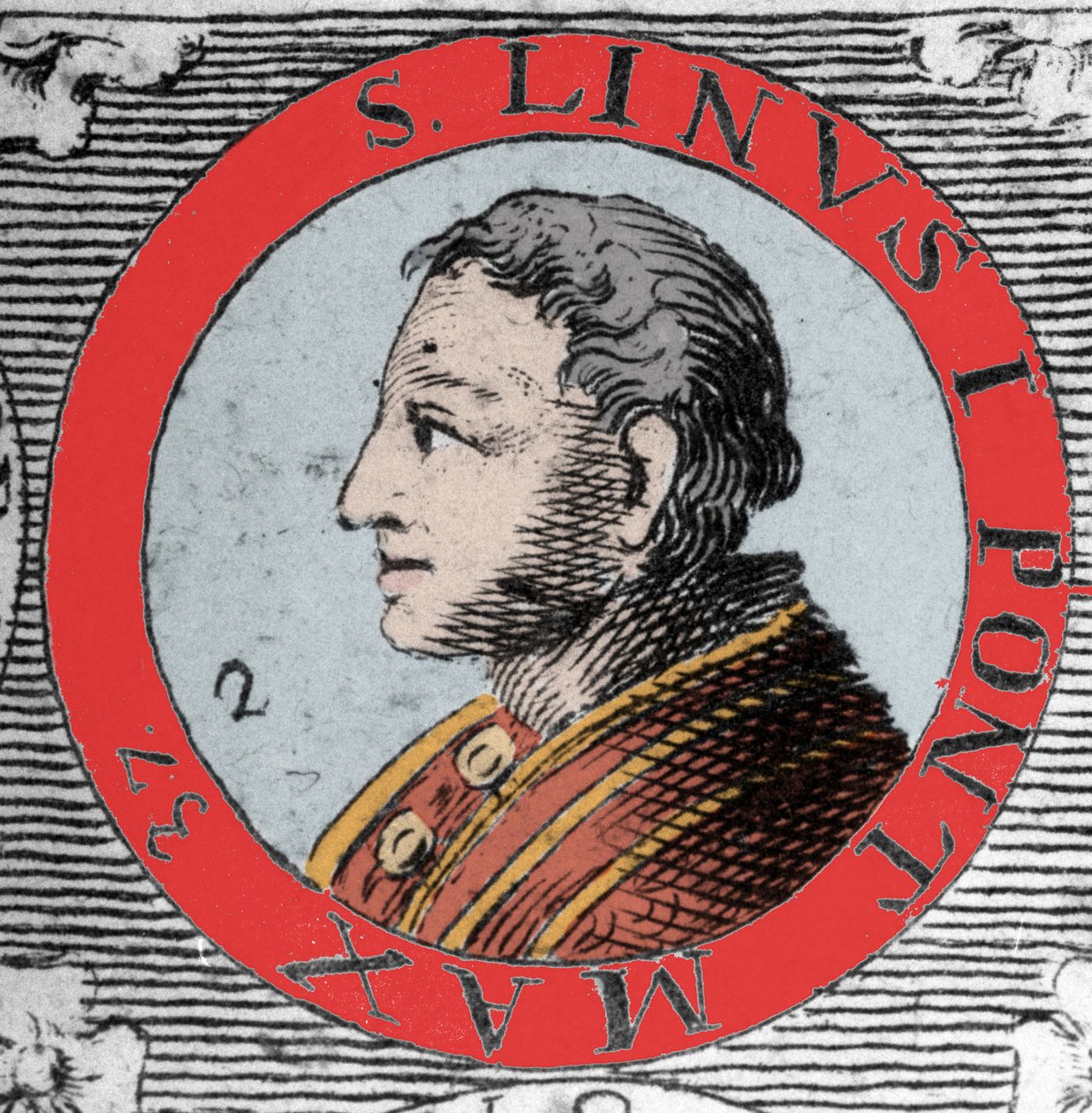 罗马教皇林 (Linus, San Lino) 和彼得继任者的肖像。 1世纪。 19 世纪的雕刻。 作者 未知艺术家