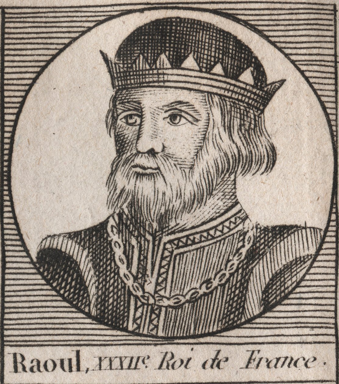 法兰西的鲁尔（Raoul，或Rodolphe，约890-936）法兰西国王的肖像--勃艮第的鲁道夫（Raoul，Rodolphe），法兰西国王（923-936）--雕刻自Charles Constant Le Tellier 1821年的《法兰西历史教学》。 作者 未知艺术家