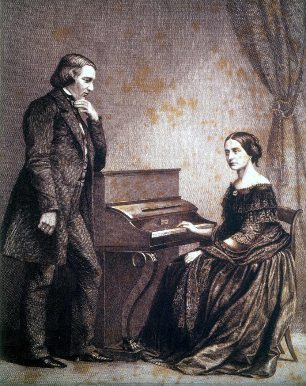 德国作曲家罗伯特·舒曼 (1810 - 1856) 和德国钢琴家克拉拉·舒曼 (1819 - 1896) 的肖像。 作者 未知艺术家