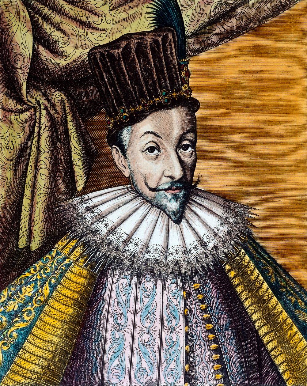 波兰国王（1587-1632）和瑞典（1592-1599）国王西吉斯蒙德三世瓦萨（1566-1632）的肖像。 17 世纪雕刻。 科尔。 去。 作者 未知艺术家