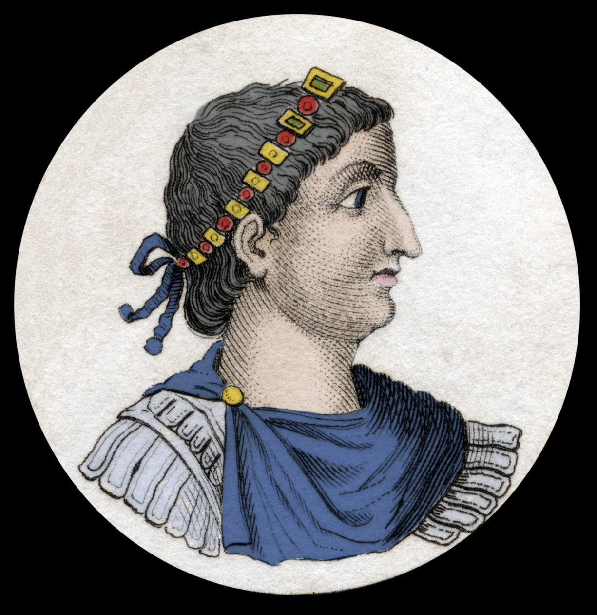 狄奥多西一世 (Flavius Theodosius) (347-395) 的肖像，罗马皇帝，19 世纪雕刻品。 作者 未知艺术家