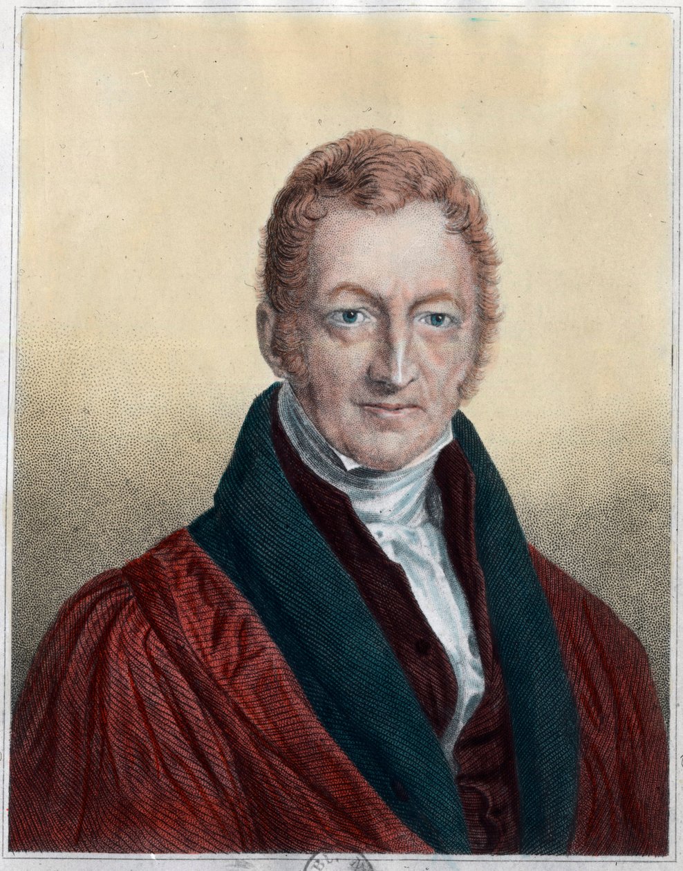 托马斯·马尔萨斯 (Thomas Malthus) (1766 - 1834) 的肖像，英国经济学家和牧师。 19 世纪的雕刻。 私人收藏。 作者 未知艺术家