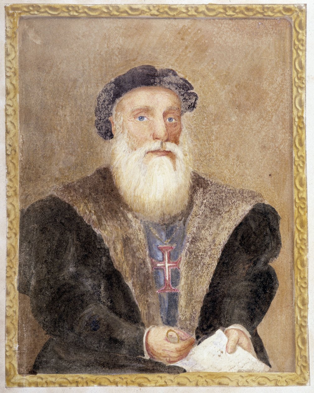Vasco da Gama 的肖像——在“葡萄牙亨利王子的生活，航海家姓氏”中，理查德·亨利·梅杰 (Richard Henri Major) 作者 未知艺术家